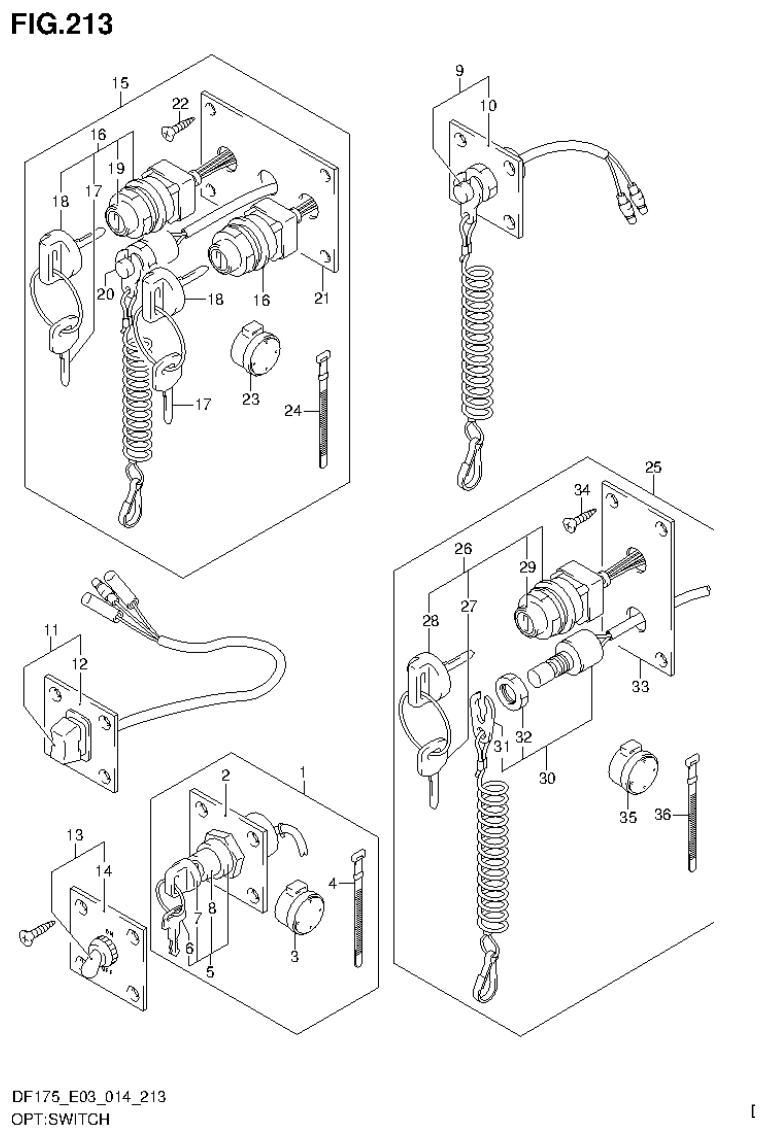 Suzuki DF150T, DF150Z, DF150TG, DF150ZG, DF175T, DF175Z, DF175TG, DF175ZG OPT:SWITCH parts diagram