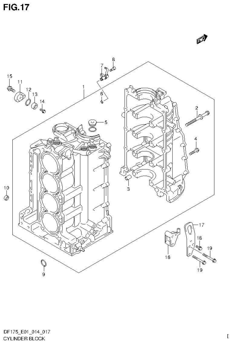Suzuki DF150T, DF150Z, DF150TG, DF150ZG, DF175T, DF175Z, DF175TG, DF175ZG CYLINDER BLOCK parts diagram
