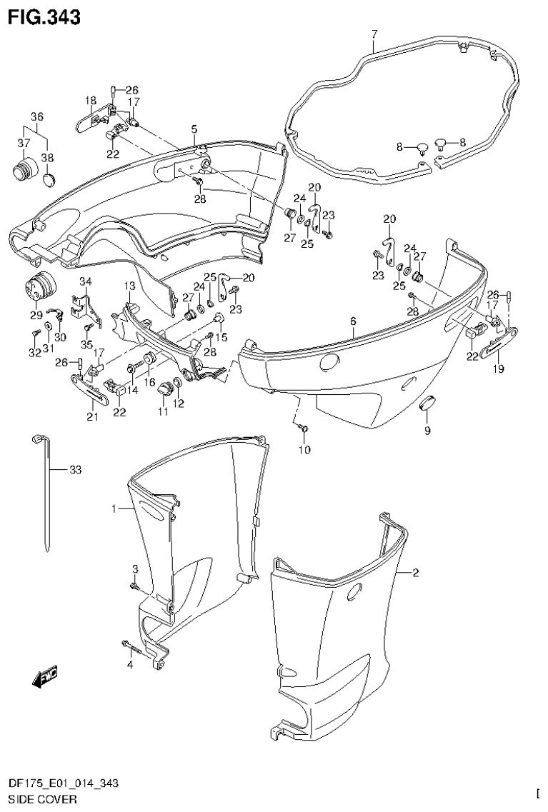 Suzuki DF150T, DF150Z, DF150TG, DF150ZG, DF175T, DF175Z, DF175TG, DF175ZG SIDE COVER (DF150T E40) parts diagram