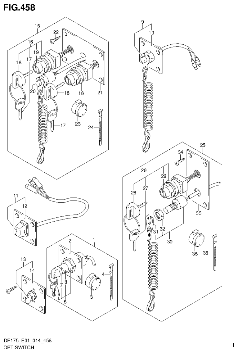 Suzuki DF150T, DF150Z, DF150TG, DF150ZG, DF175T, DF175Z, DF175TG, DF175ZG OPT:SWITCH parts diagram