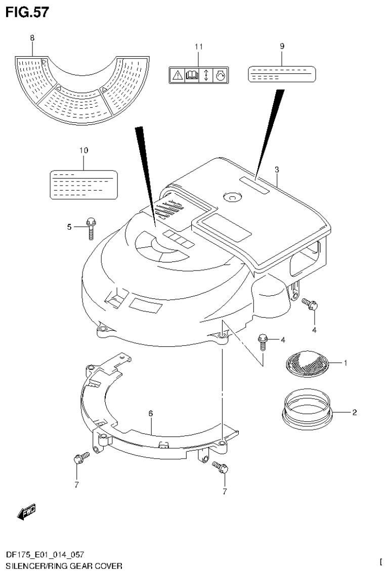 Suzuki DF150T, DF150Z, DF150TG, DF150ZG, DF175T, DF175Z, DF175TG, DF175ZG SILENCER/RING GEAR COVER (DF150Z E01) parts diagram