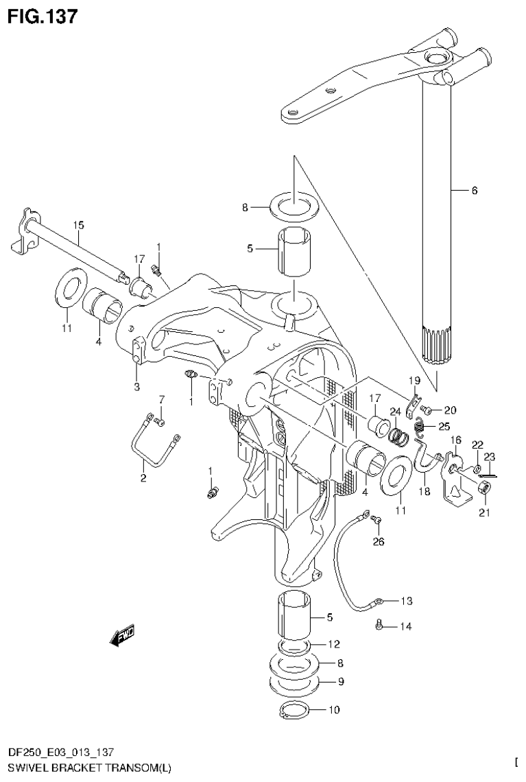 Suzuki DF200T, DF200Z, DF225T, DF225Z, DF250T, DF250Z, DF250ST SWIVEL BRACKET TRANSOM(L) (DF200T E3) parts diagram