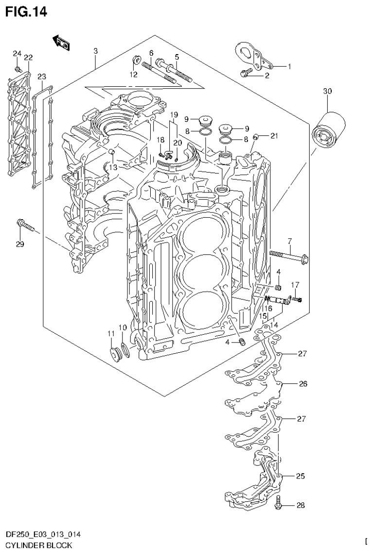 Suzuki DF200T, DF200Z, DF225T, DF225Z, DF250T, DF250Z, DF250ST CYLINDER BLOCK (DF250ST E3) parts diagram