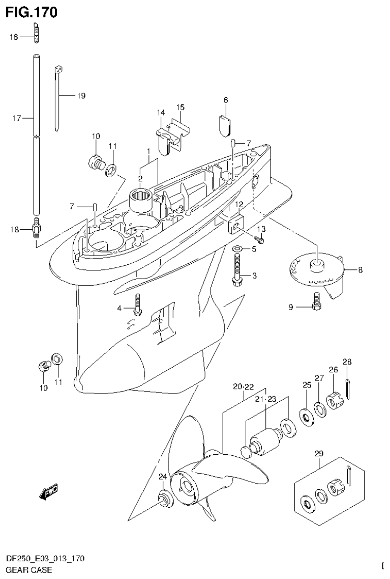 Suzuki DF200T, DF200Z, DF225T, DF225Z, DF250T, DF250Z, DF250ST GEAR CASE (DF200T E3) parts diagram