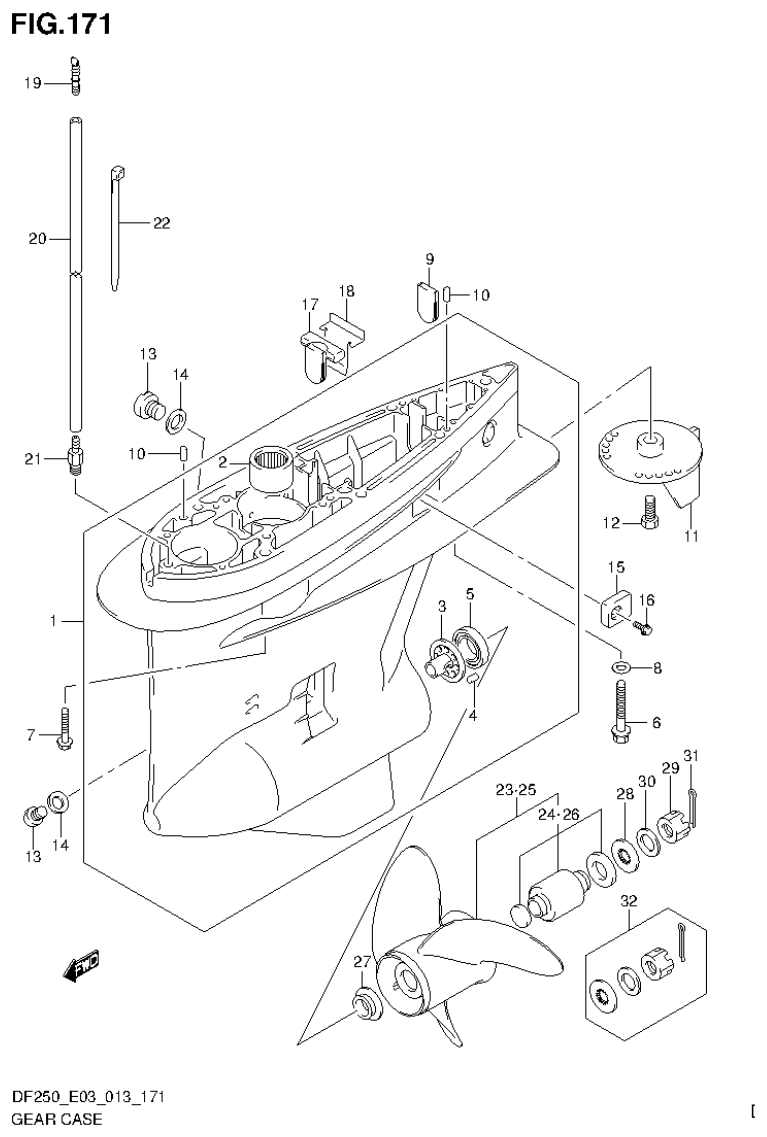 Suzuki DF200T, DF200Z, DF225T, DF225Z, DF250T, DF250Z, DF250ST GEAR CASE (DF200Z E3) parts diagram
