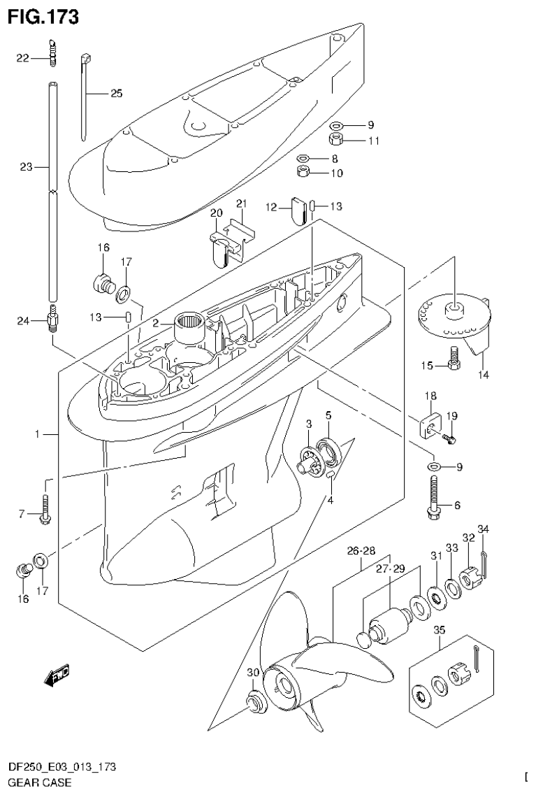 Suzuki DF200T, DF200Z, DF225T, DF225Z, DF250T, DF250Z, DF250ST GEAR CASE (DF225Z E3) parts diagram