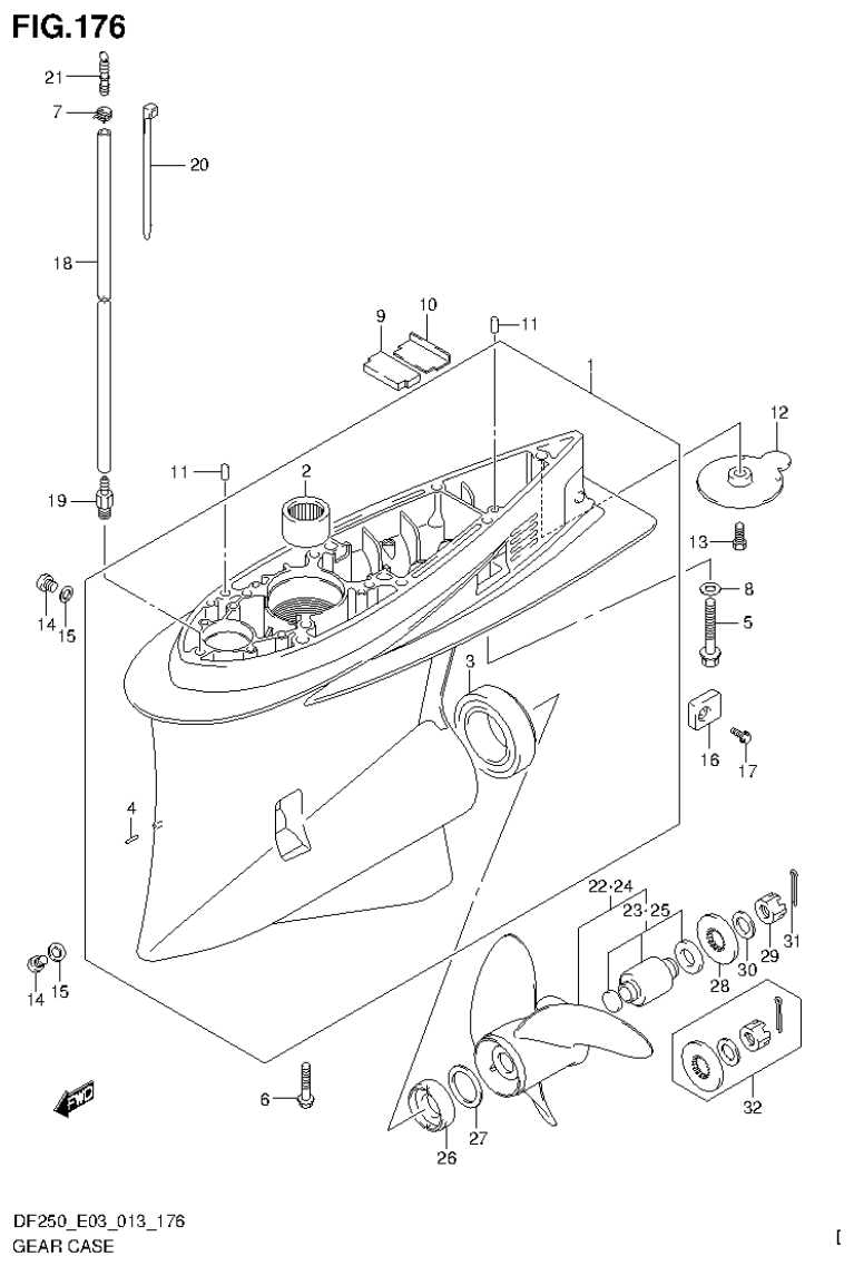 Suzuki DF200T, DF200Z, DF225T, DF225Z, DF250T, DF250Z, DF250ST GEAR CASE (DF250ST E3) parts diagram