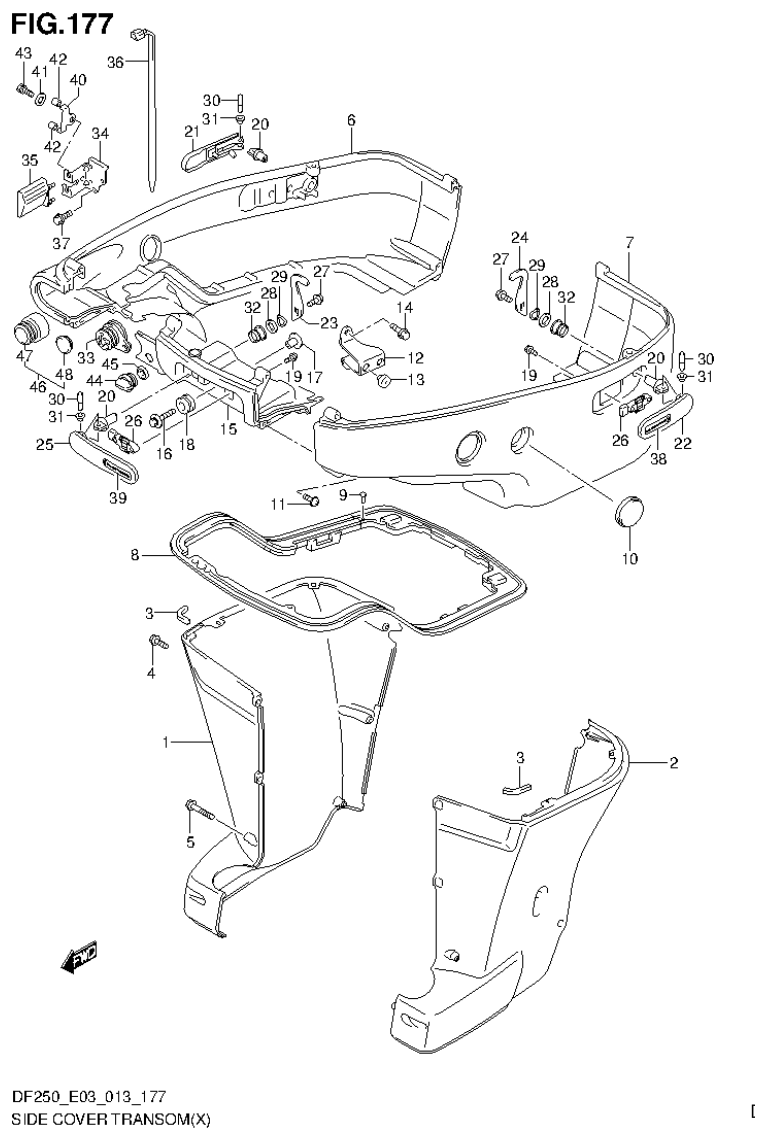 Suzuki DF200T, DF200Z, DF225T, DF225Z, DF250T, DF250Z, DF250ST SIDE COVER TRANSOM(X) (DF200T E3) parts diagram