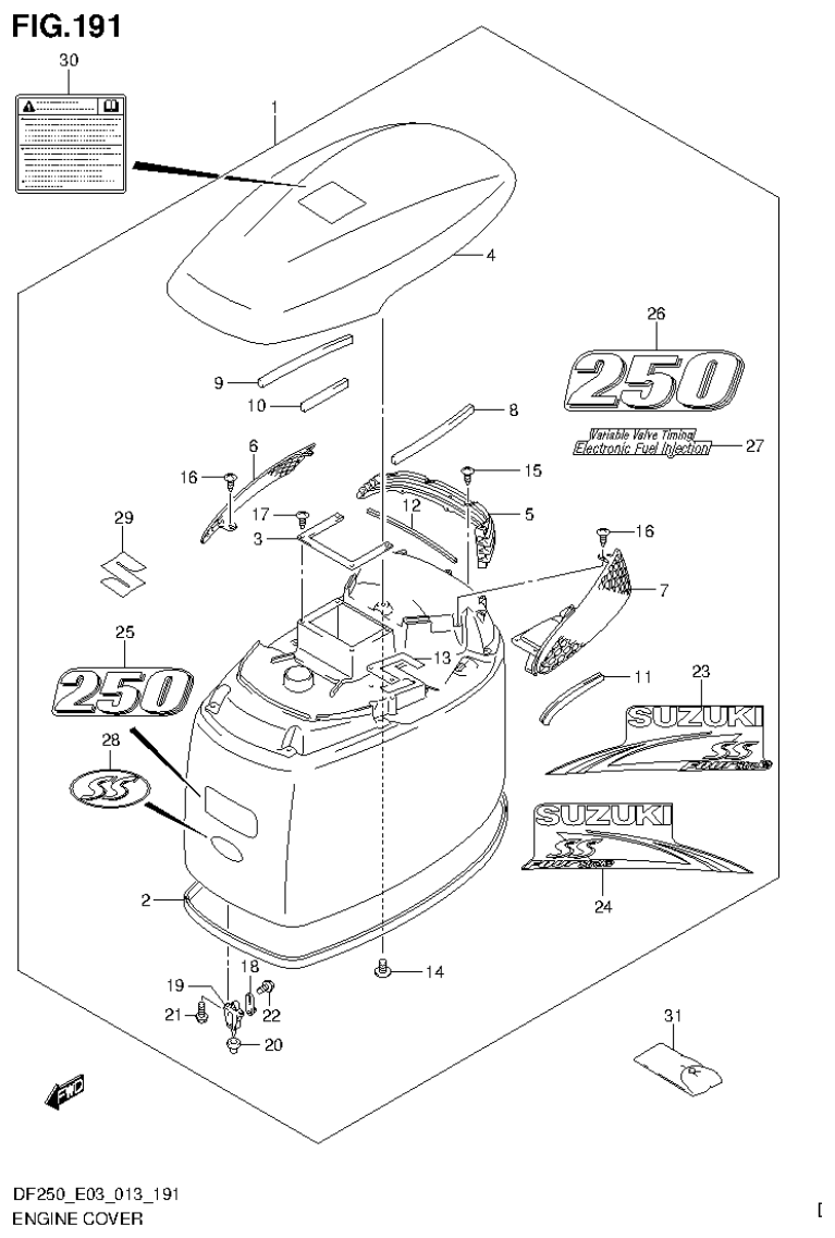 Suzuki DF200T, DF200Z, DF225T, DF225Z, DF250T, DF250Z, DF250ST ENGINE COVER (DF250ST E3) parts diagram