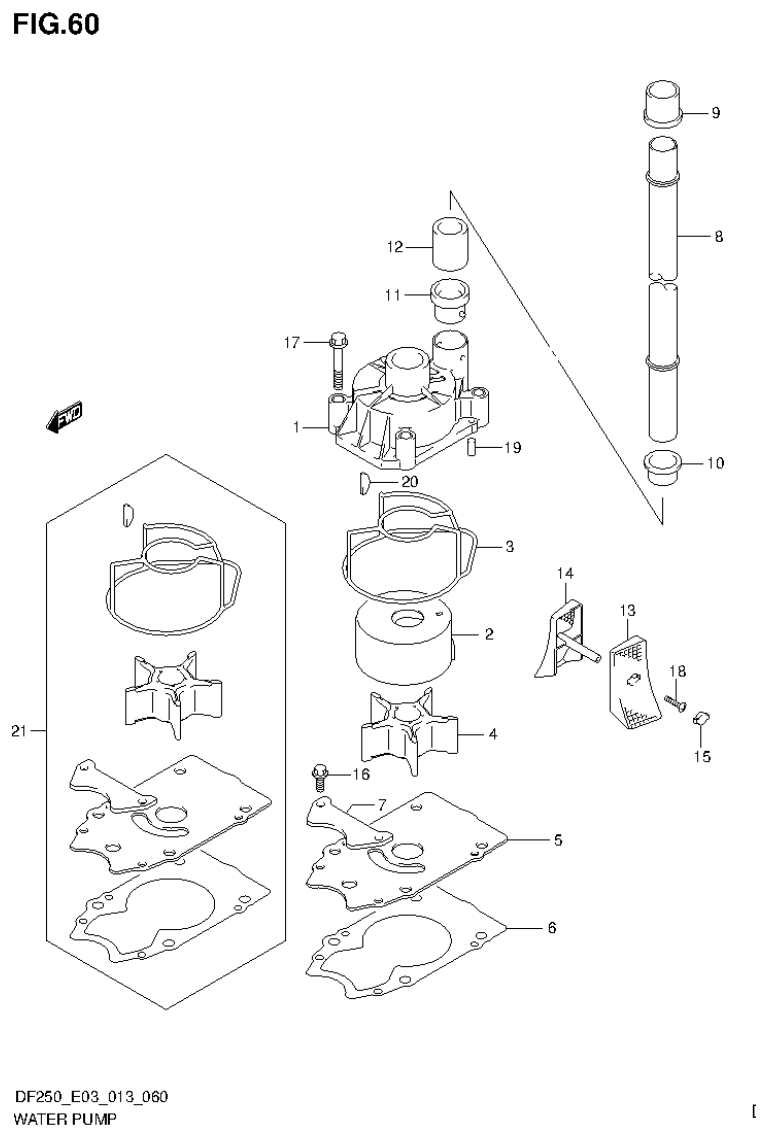 Suzuki DF200T, DF200Z, DF225T, DF225Z, DF250T, DF250Z, DF250ST WATER PUMP (DF250ST E3) parts diagram