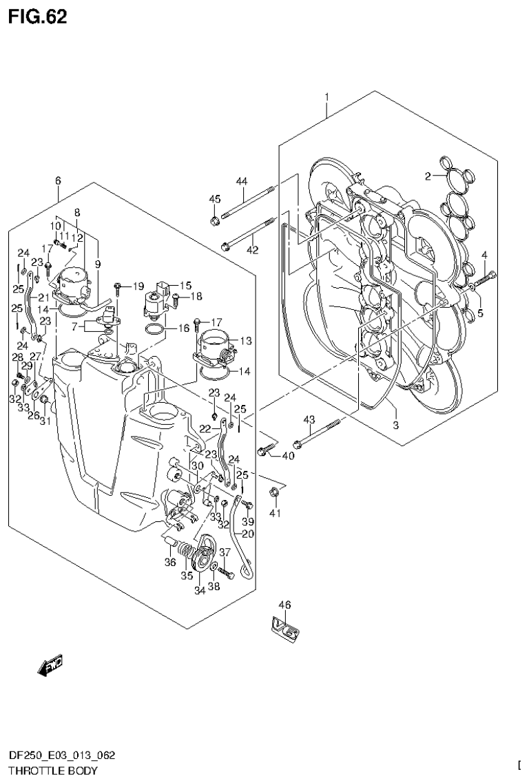 Suzuki DF200T, DF200Z, DF225T, DF225Z, DF250T, DF250Z, DF250ST THROTTLE BODY (DF200T E3) parts diagram
