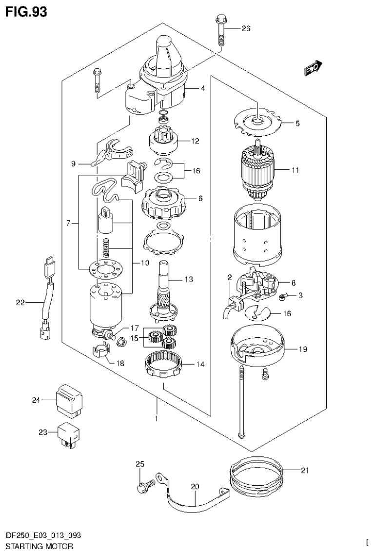 Suzuki DF200T, DF200Z, DF225T, DF225Z, DF250T, DF250Z, DF250ST STARTING MOTOR parts diagram