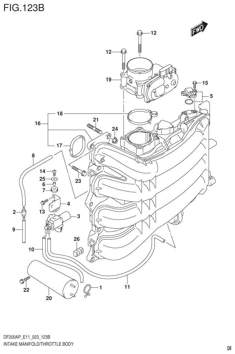 Suzuki DF200AP, DF175AP, DF150AP INTAKE MANIFOLD/THROTTLE BODY (022,023) parts diagram