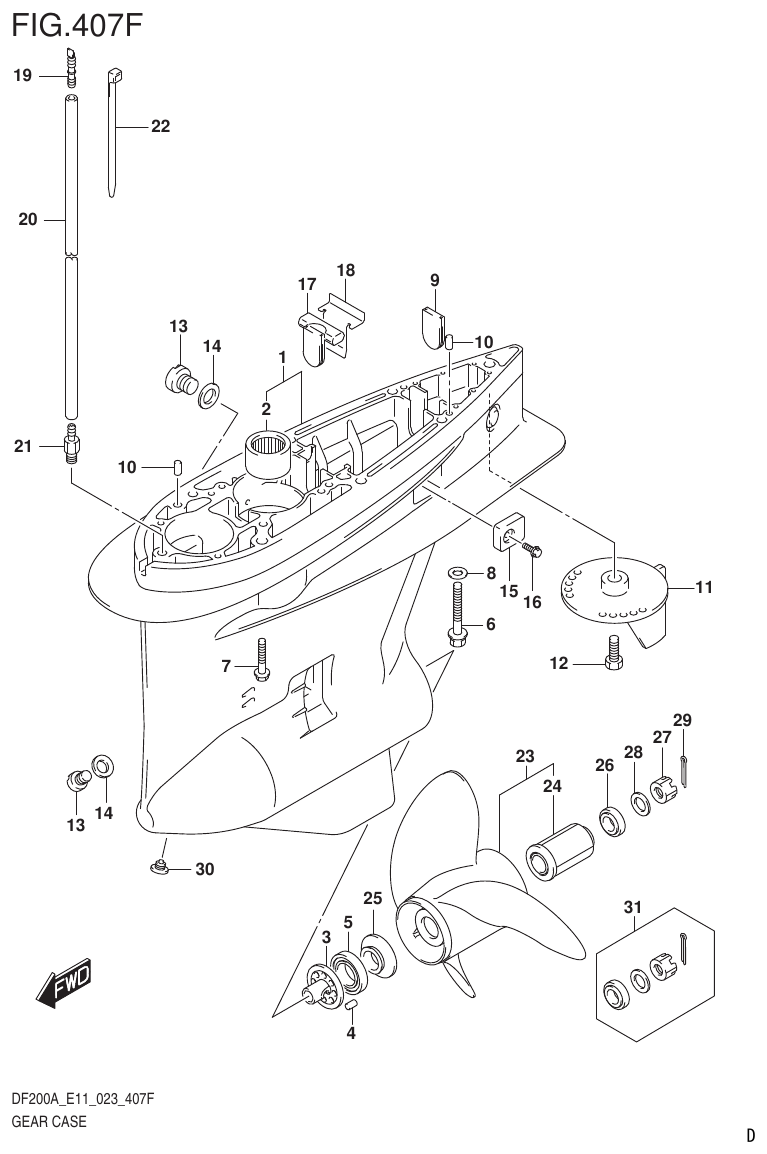 Suzuki DF175AT, DF175AZ GEAR CASE (DF200AZ:023) parts diagram