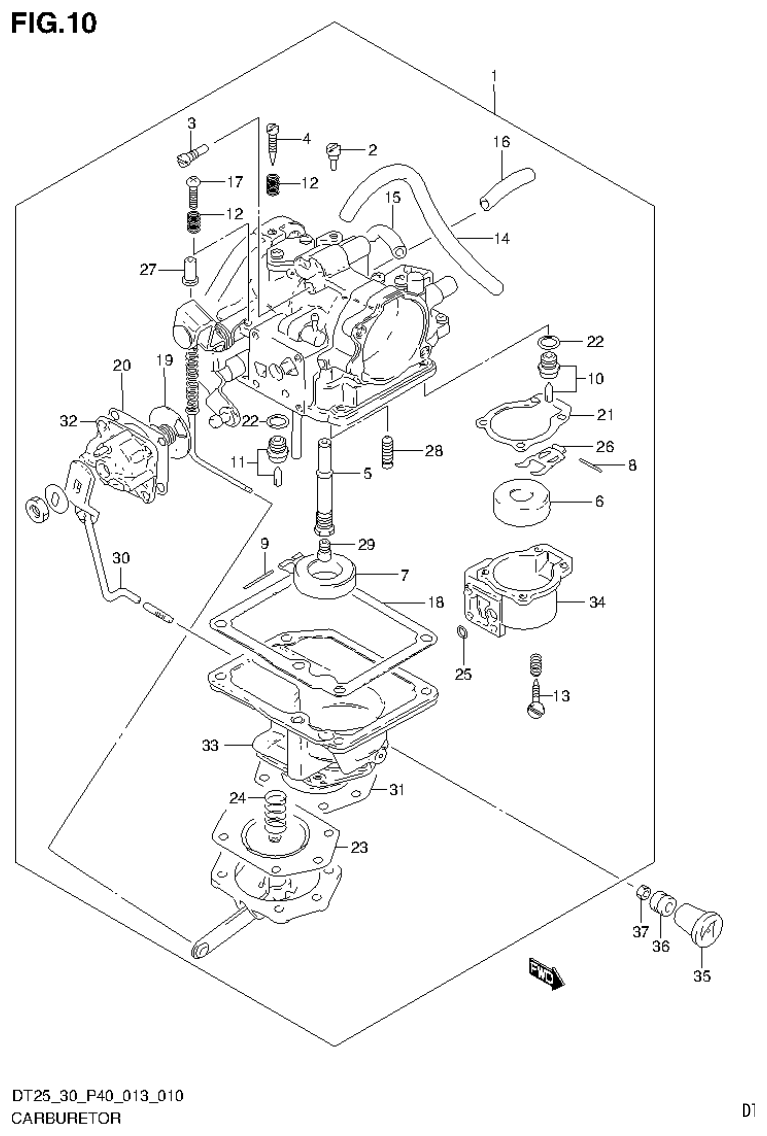 Suzuki DT25, DT25K, DT30, DT30R CARBURETOR (DT25K P36) parts diagram