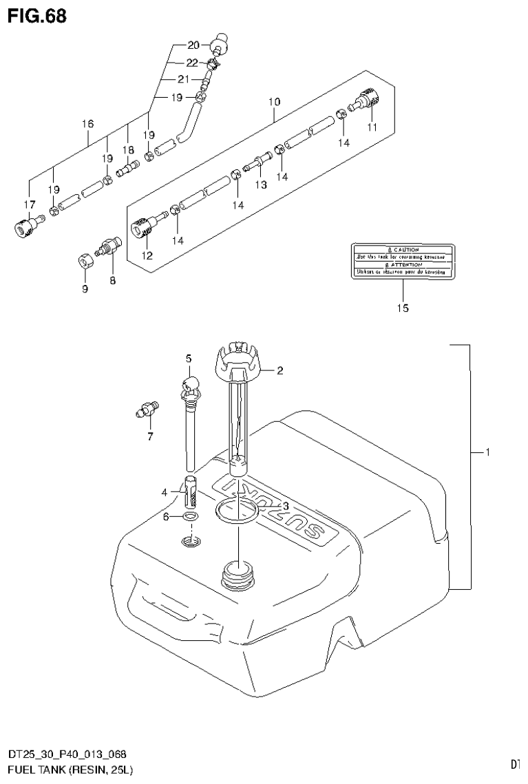 Suzuki DT25, DT25K, DT30, DT30R FUEL TANK (RESIN, 25L) (DT25K P36) parts diagram