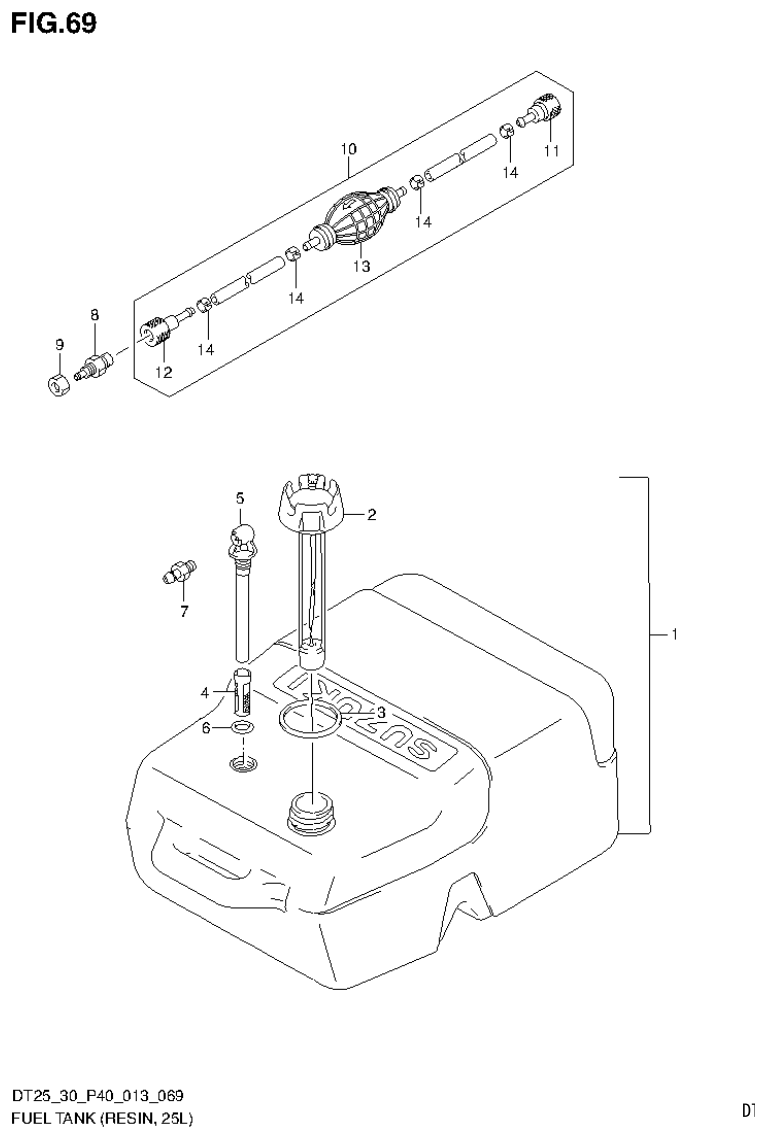 Suzuki DT25, DT25K, DT30, DT30R FUEL TANK (RESIN, 25L) (DT30 P40) parts diagram