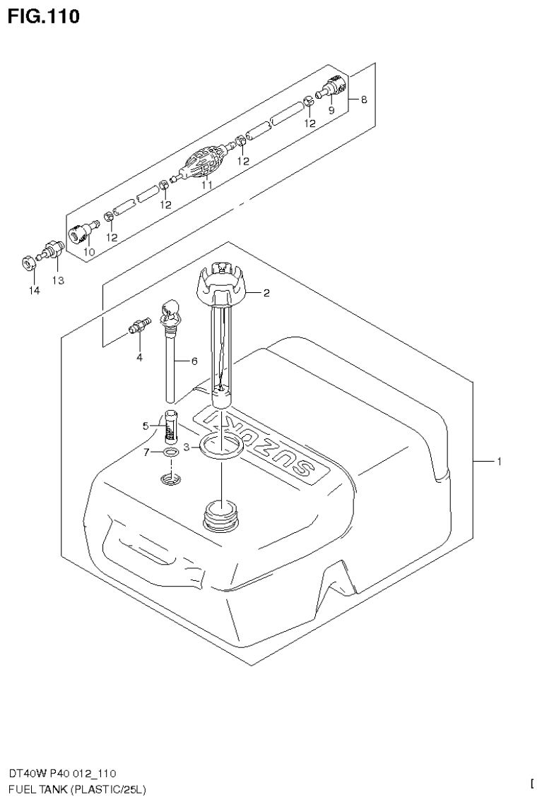 Suzuki DT40W, DT40WR, DT40WK FUEL TANK (PLASTIC/25L) (DT40W P90) parts diagram