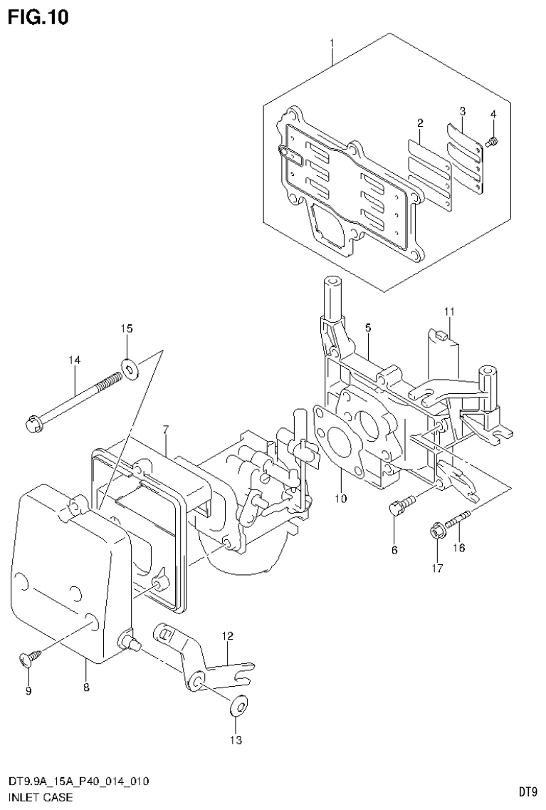 Suzuki DT9.9A, DT9.9AK, DT15A, DT15AK, DT9.9, DT9.9K, DT15, DT15K, DT9 INLET CASE (DT15A P40) parts diagram
