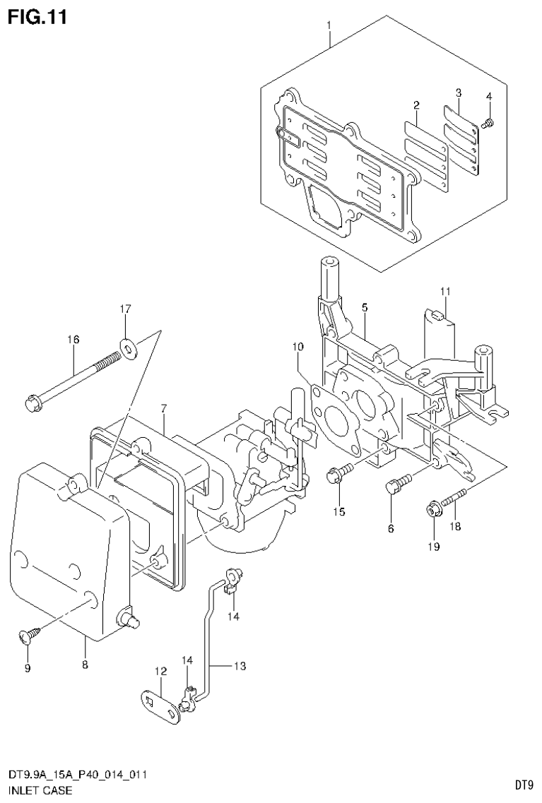 Suzuki DT9.9A, DT9.9AK, DT15A, DT15AK, DT9.9, DT9.9K, DT15, DT15K, DT9 INLET CASE (DT15AK P36) parts diagram