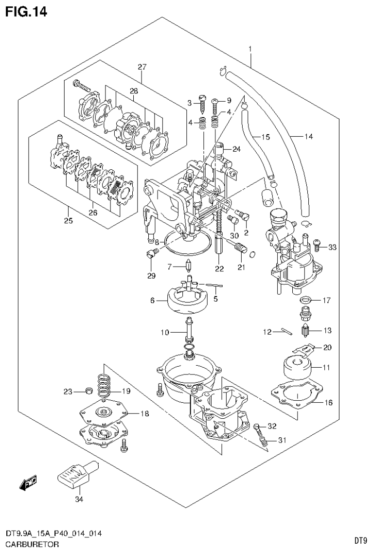 Suzuki DT9.9A, DT9.9AK, DT15A, DT15AK, DT9.9, DT9.9K, DT15, DT15K, DT9 CARBURETOR (DT9.9AK P36) parts diagram