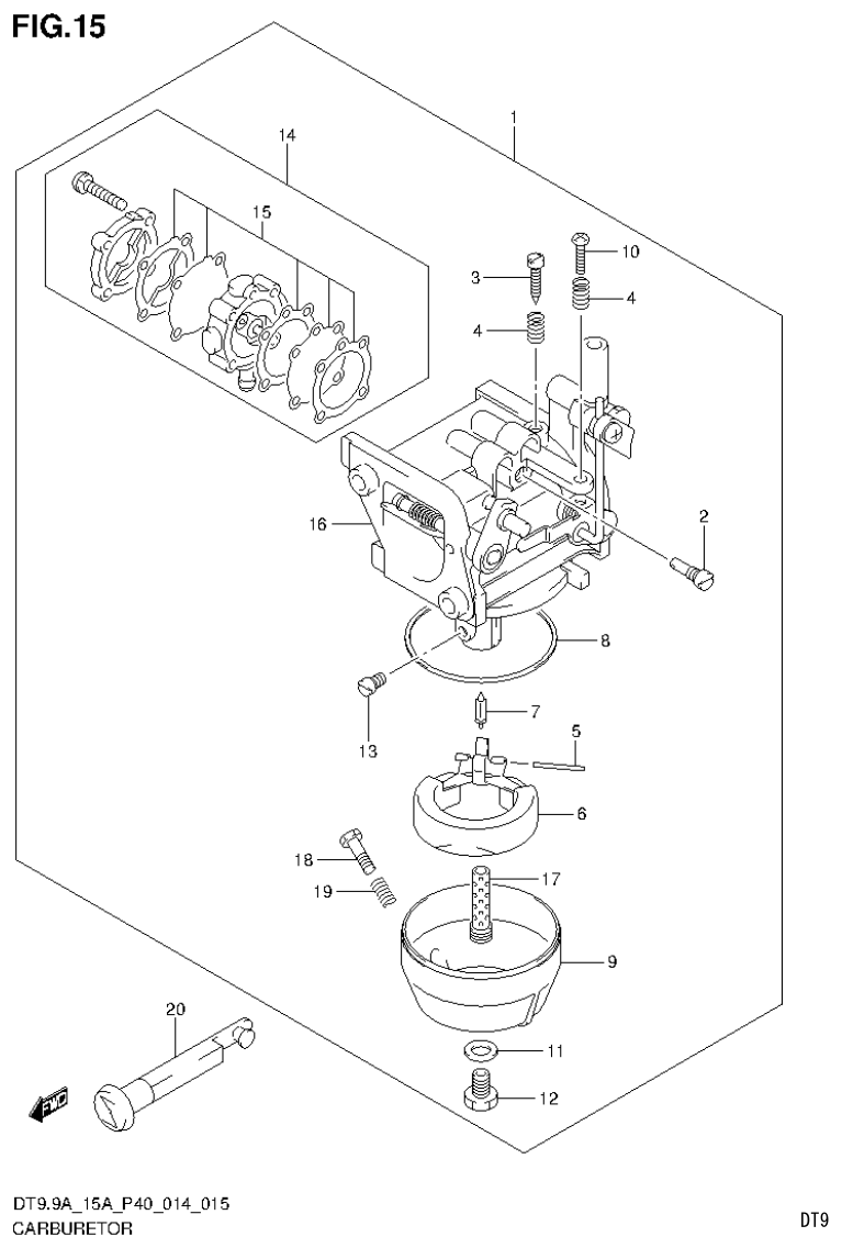 Suzuki DT9.9A, DT9.9AK, DT15A, DT15AK, DT9.9, DT9.9K, DT15, DT15K, DT9 CARBURETOR (DT15A P40) parts diagram