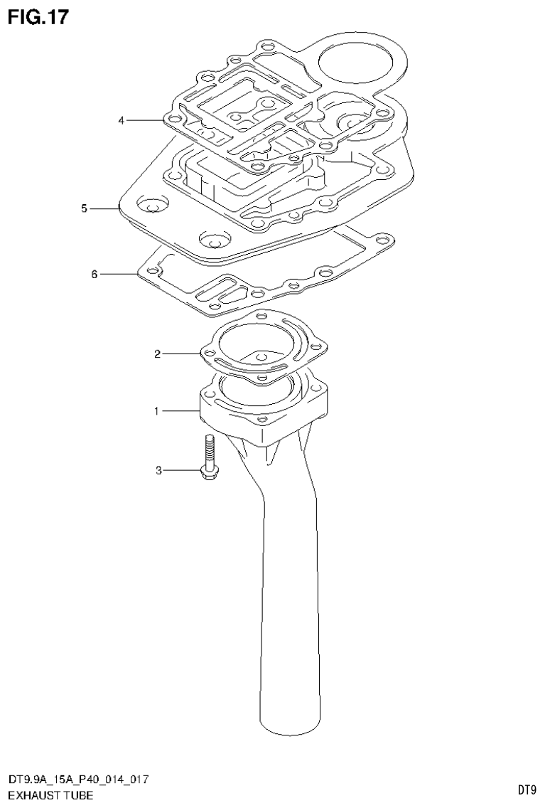 Suzuki DT9.9A, DT9.9AK, DT15A, DT15AK, DT9.9, DT9.9K, DT15, DT15K, DT9 EXHAUST TUBE parts diagram