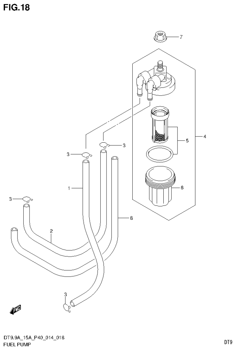 Suzuki DT9.9A, DT9.9AK, DT15A, DT15AK, DT9.9, DT9.9K, DT15, DT15K, DT9 FUEL PUMP (DT9.9A P40) parts diagram