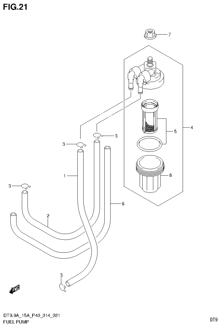 Suzuki DT9.9A, DT9.9AK, DT15A, DT15AK, DT9.9, DT9.9K, DT15, DT15K, DT9 FUEL PUMP (DT15A P40) parts diagram