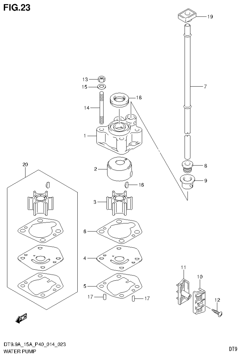 Suzuki DT9.9A, DT9.9AK, DT15A, DT15AK, DT9.9, DT9.9K, DT15, DT15K, DT9 WATER PUMP (DT9.9A P40) parts diagram