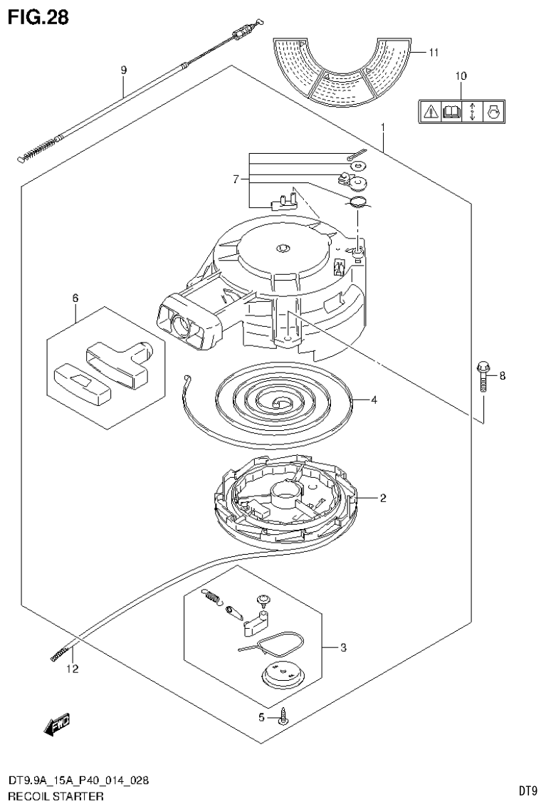 Suzuki DT9.9A, DT9.9AK, DT15A, DT15AK, DT9.9, DT9.9K, DT15, DT15K, DT9 RECOIL STARTER parts diagram