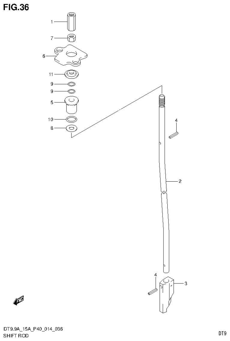 Suzuki DT9.9A, DT9.9AK, DT15A, DT15AK, DT9.9, DT9.9K, DT15, DT15K, DT9 SHIFT ROD (DT9.9AK P36) parts diagram