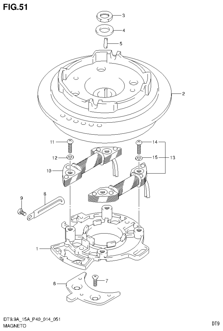 Suzuki DT9.9A, DT9.9AK, DT15A, DT15AK, DT9.9, DT9.9K, DT15, DT15K, DT9 MAGNETO (DT9.9AK P40) parts diagram