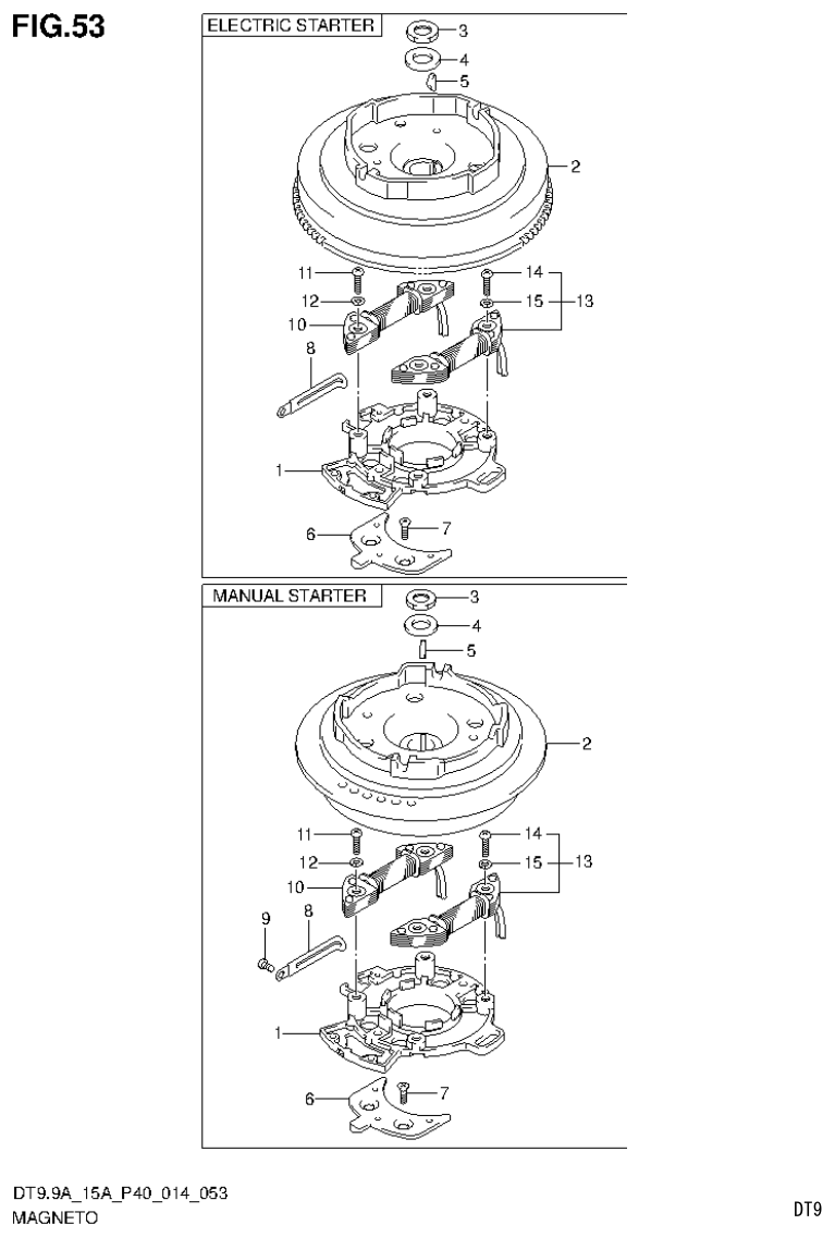 Suzuki DT9.9A, DT9.9AK, DT15A, DT15AK, DT9.9, DT9.9K, DT15, DT15K, DT9 MAGNETO (DT15A P40) parts diagram