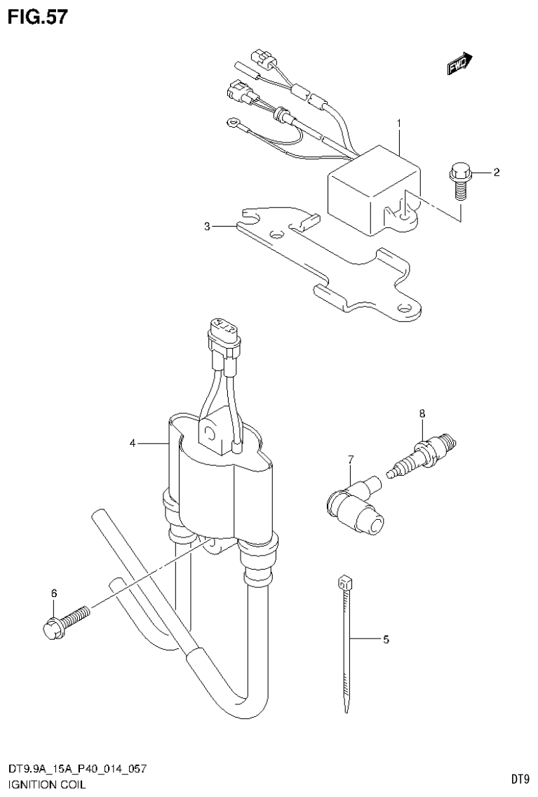 Suzuki DT9.9A, DT9.9AK, DT15A, DT15AK, DT9.9, DT9.9K, DT15, DT15K, DT9 IGNITION COIL (DT9.9AK P36) parts diagram