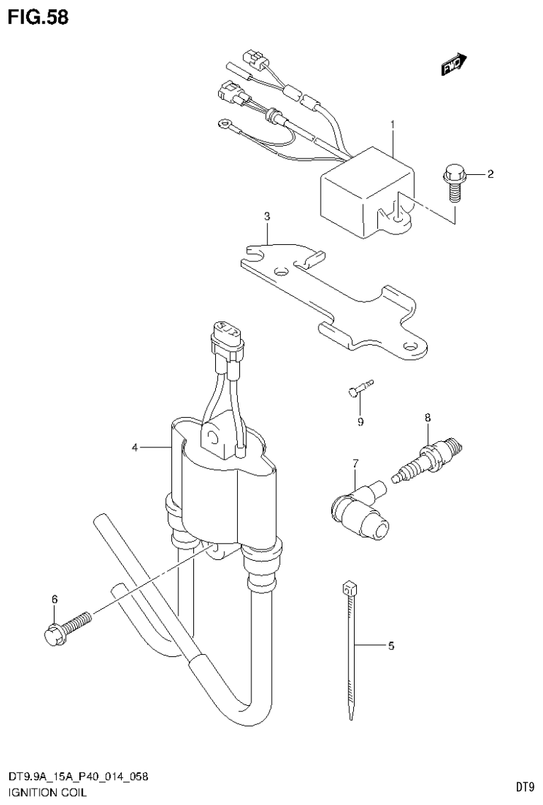 Suzuki DT9.9A, DT9.9AK, DT15A, DT15AK, DT9.9, DT9.9K, DT15, DT15K, DT9 IGNITION COIL (DT15A P40) parts diagram
