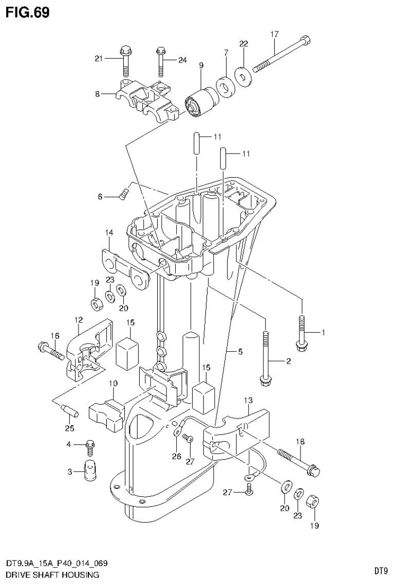 Suzuki DT9.9A, DT9.9AK, DT15A, DT15AK, DT9.9, DT9.9K, DT15, DT15K, DT9 DRIVE SHAFT HOUSING (DT9.9AK P40) parts diagram
