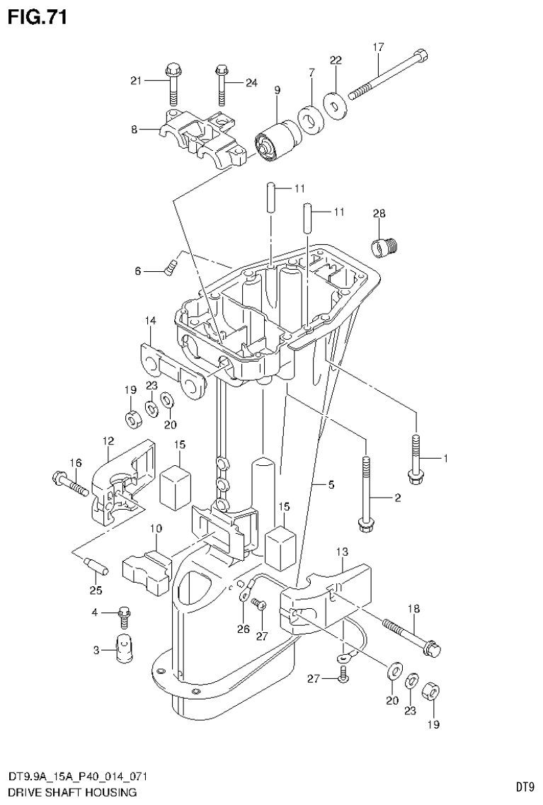 Suzuki DT9.9A, DT9.9AK, DT15A, DT15AK, DT9.9, DT9.9K, DT15, DT15K, DT9 DRIVE SHAFT HOUSING (DT15A P40) parts diagram