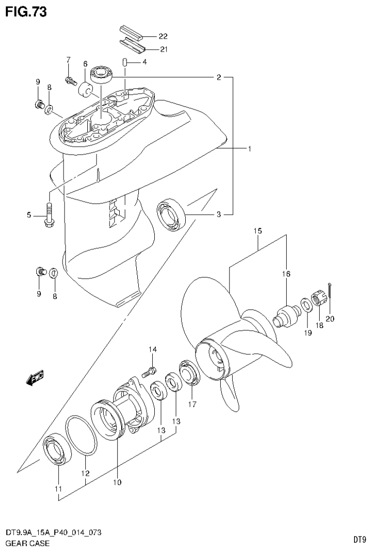 Suzuki DT9.9A, DT9.9AK, DT15A, DT15AK, DT9.9, DT9.9K, DT15, DT15K, DT9 GEAR CASE parts diagram