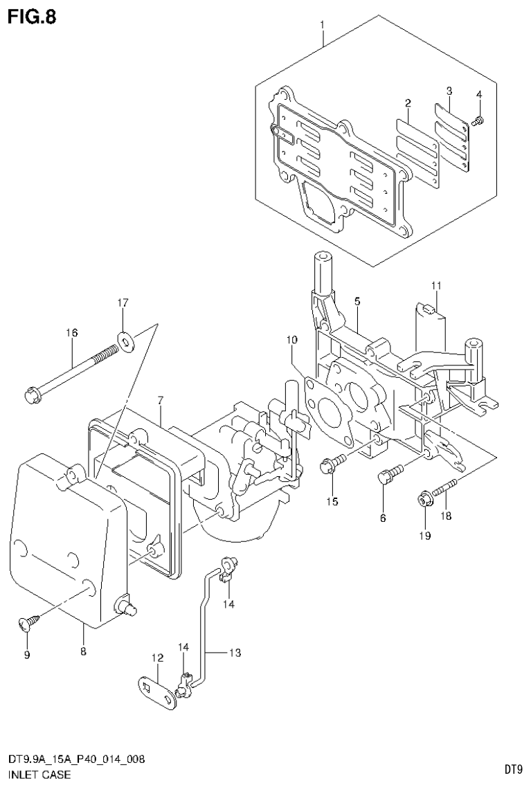 Suzuki DT9.9A, DT9.9AK, DT15A, DT15AK, DT9.9, DT9.9K, DT15, DT15K, DT9 INLET CASE (DT9.9AK P40) parts diagram