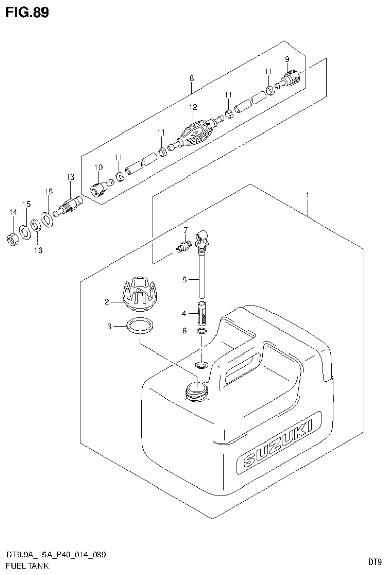 Suzuki DT9.9A, DT9.9AK, DT15A, DT15AK, DT9.9, DT9.9K, DT15, DT15K, DT9 FUEL TANK (RESIN:12L) (DT9.9AK P40) parts diagram