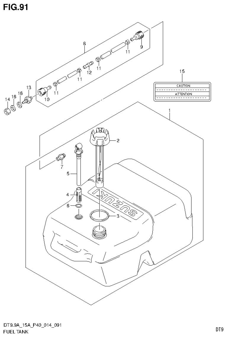 Suzuki DT9.9A, DT9.9AK, DT15A, DT15AK, DT9.9, DT9.9K, DT15, DT15K, DT9 FUEL TANK (RESIN:25L) (DT9.9AK P40) parts diagram