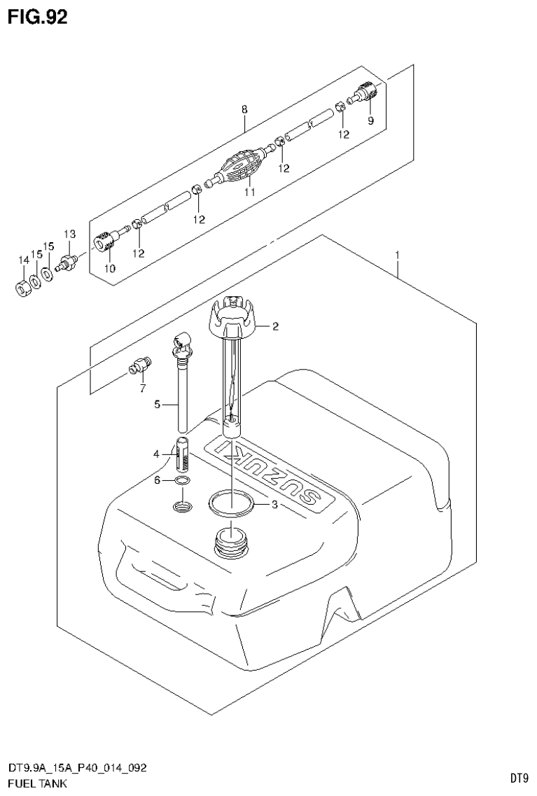 Suzuki DT9.9A, DT9.9AK, DT15A, DT15AK, DT9.9, DT9.9K, DT15, DT15K, DT9 FUEL TANK (RESIN:25L) (DT15A P40) parts diagram