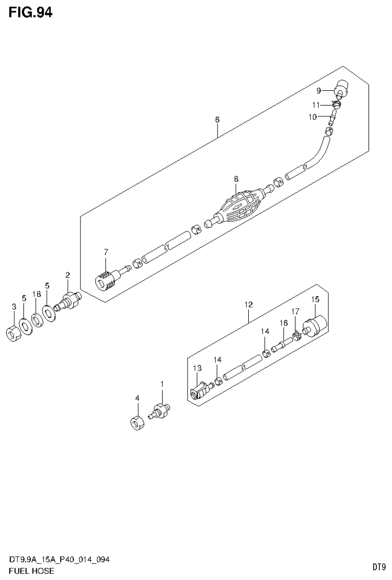 Suzuki DT9.9A, DT9.9AK, DT15A, DT15AK, DT9.9, DT9.9K, DT15, DT15K, DT9 FUEL HOSE (DT15AK P36) parts diagram
