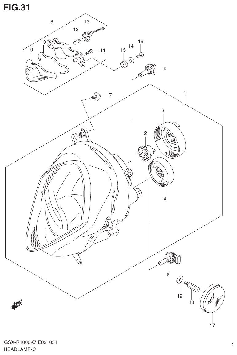 Suzuki GSX-R1000K7_K8_E2(9900B-30239-012) （E-3） HEADLAMP parts diagram