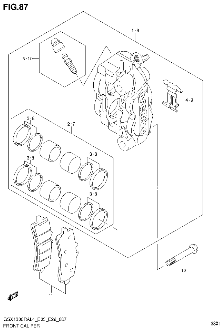GSX1300RAL4_E03_E28(9900B-30900) – section 87 FRONT CALIPER parts diagram