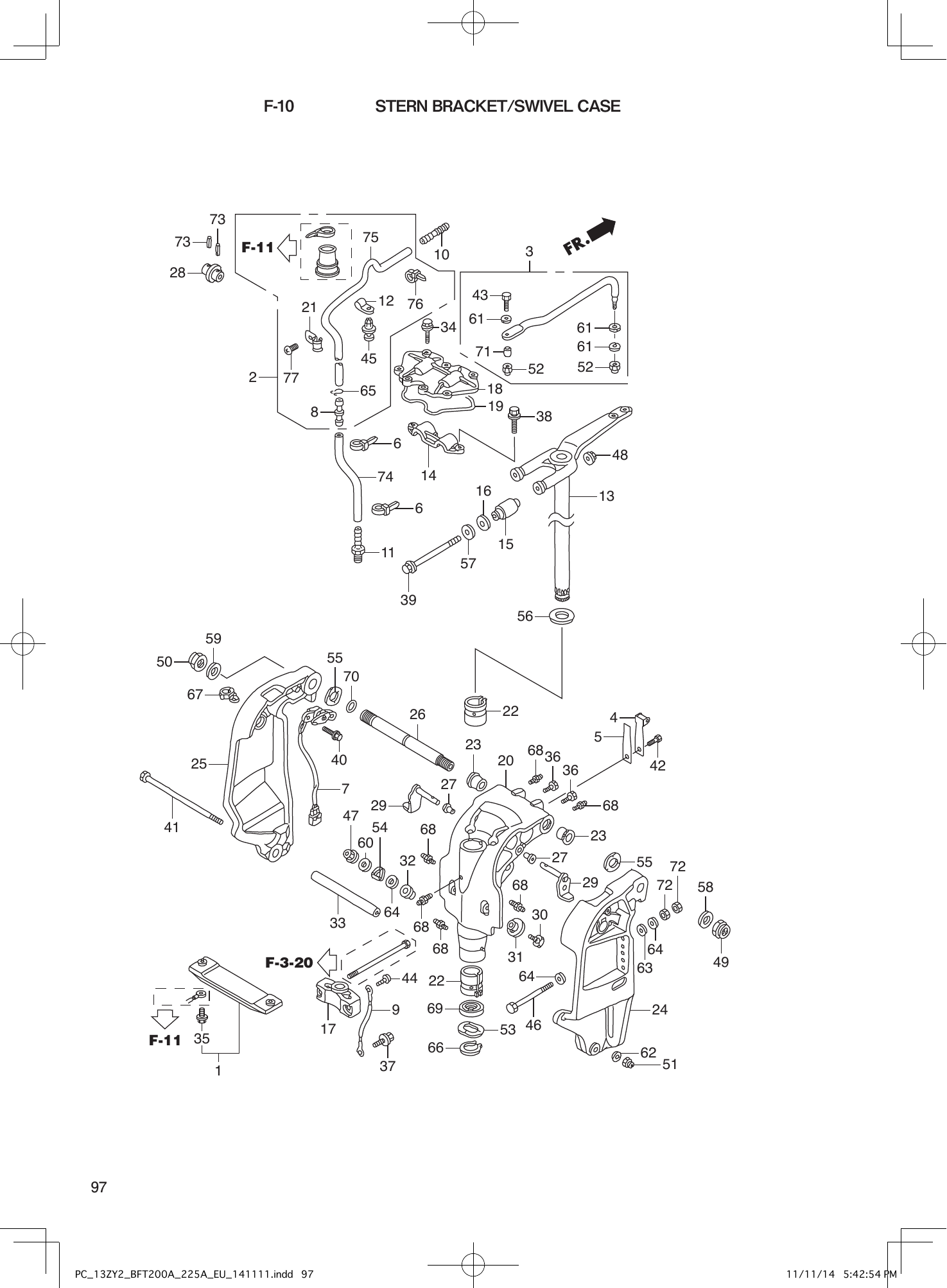 Tohatsu BFT200-225A STERN BRACKET/SWIVEL CASE parts diagram