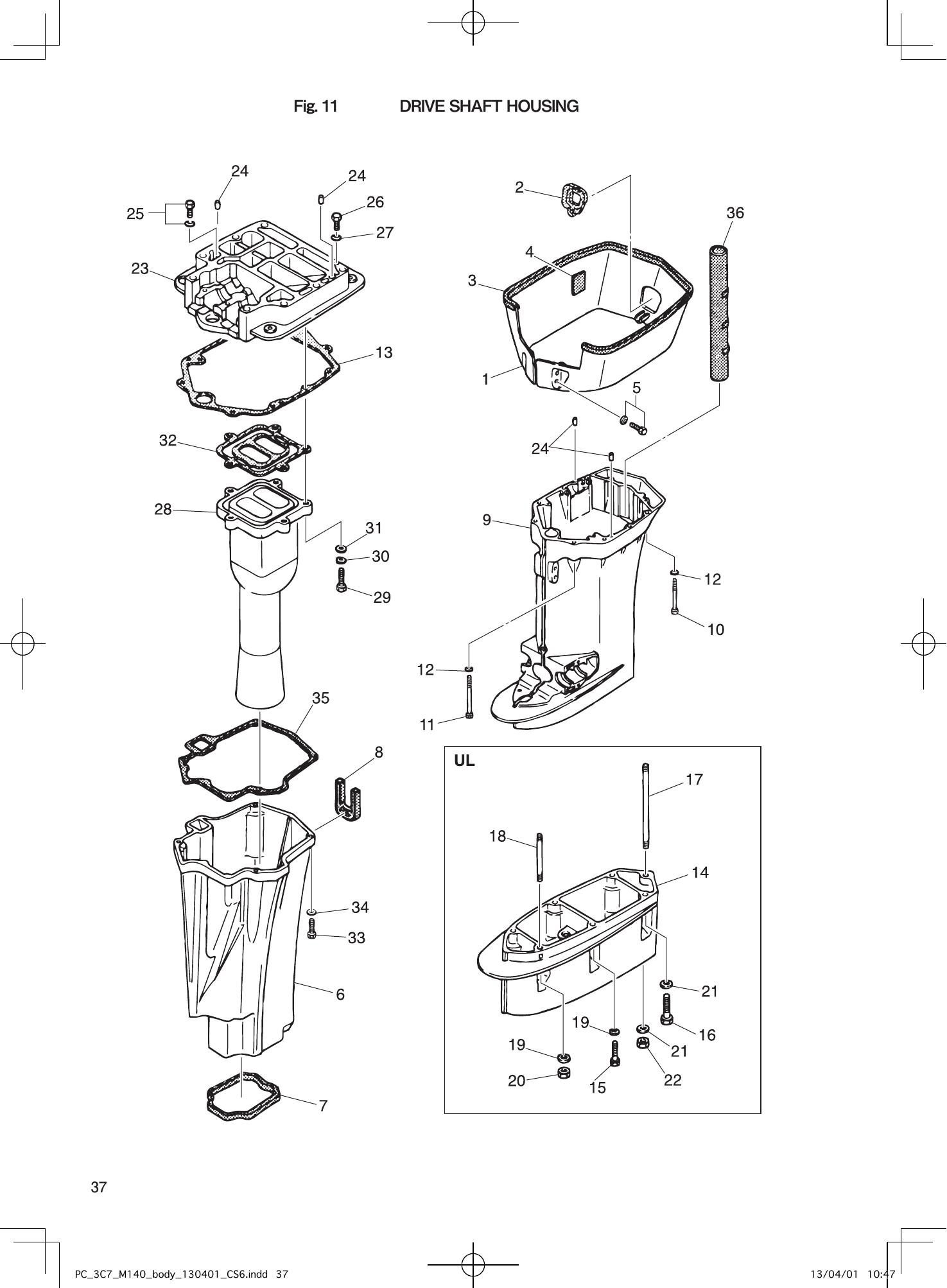 Tohatsu M115A2, M120A2, M140A2 DRIVE SHAFT HOUSING parts diagram