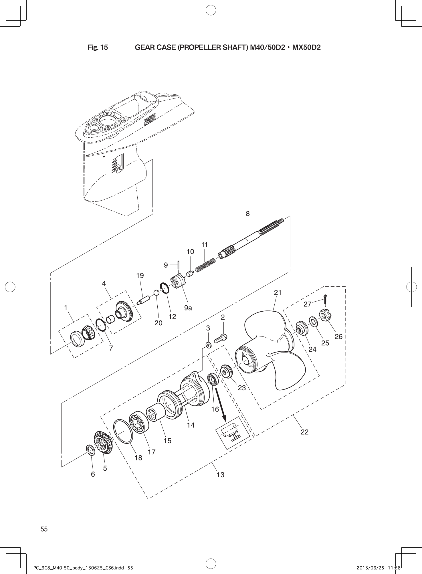 Tohatsu M40D2 GEAR CASE (PROPELLER SHAFT) M40/50D2・MX50D2 parts diagram