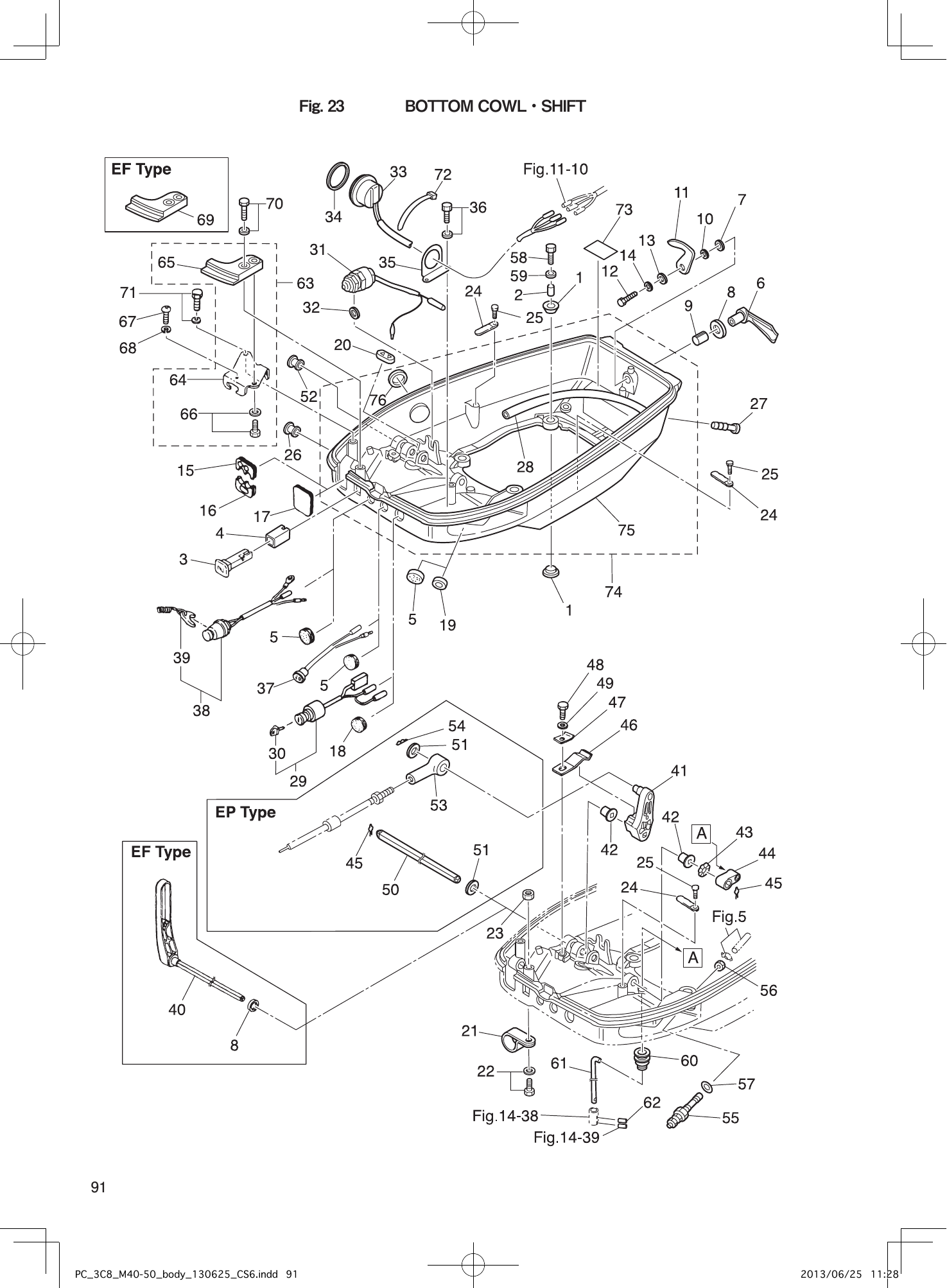 Tohatsu M40D2 BOTTOM COWL・SHIFT parts diagram